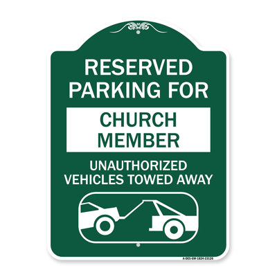 Enseigne Signmission Designer Series - Stationnement réservé aux véhicules non autorisés des membres d'églises remorqués (avec graphique de remorquage) | Enseigne architecturale noire et dorée en aluminium de gros calibre 18 po x 18 po