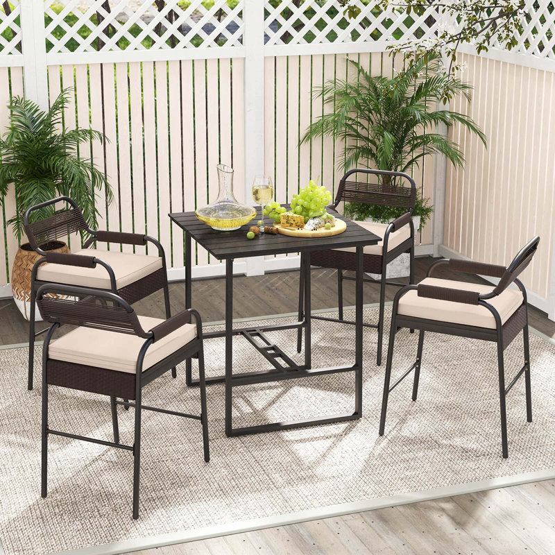 5-piece Counter Bar Set Patio Rattan Counter Set With Cushioned Seat