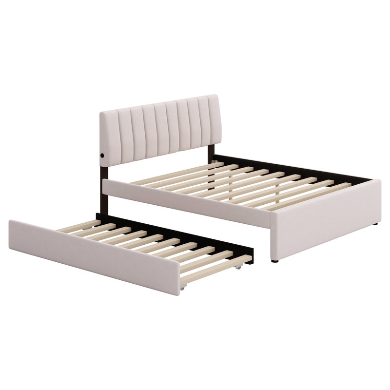Lit plateforme tapissier avec lit gigogne, Beige