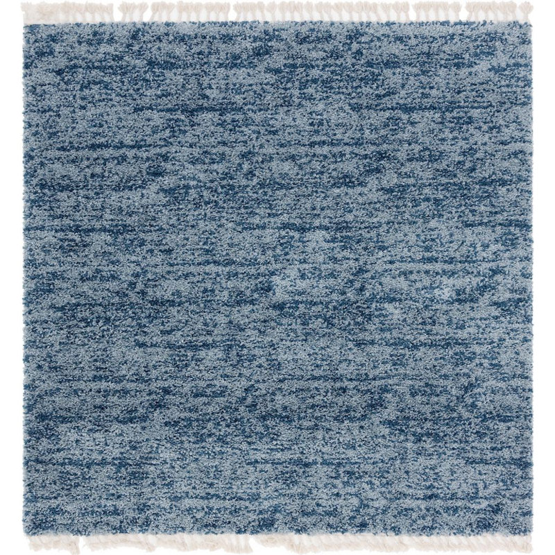 Tapis bleu à rayures Mitzy, Carré 8 pi