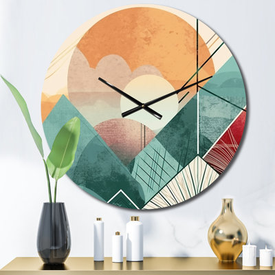 Minimal Boho Landscape In Retro Earthy Green Metal Wall Clock
