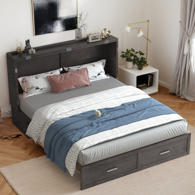 Queen Solid Wood Murphy Bed, Smart Cabinet Bed with USB Charging Station & Tri-Fold Mattress, Storage Drawers for Home