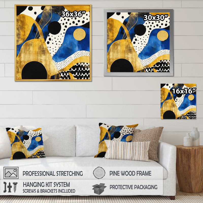 Art abstrait sur toile, motif abstrait avec textures bleues et dorées, Cadre simple noir, H 16 po x l 16 po x P 1 po