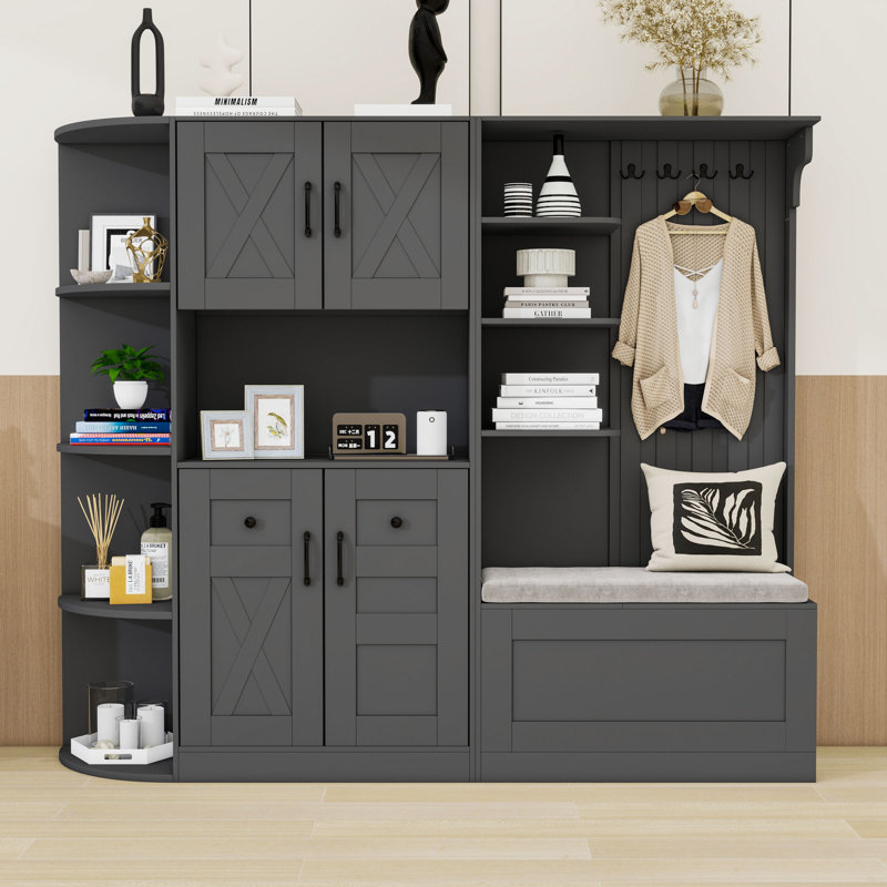 Storage Cabinet and Hall Tree Combination, with Hooks, Storage Cabinet, Open Shelves and Shoe Bench, Black