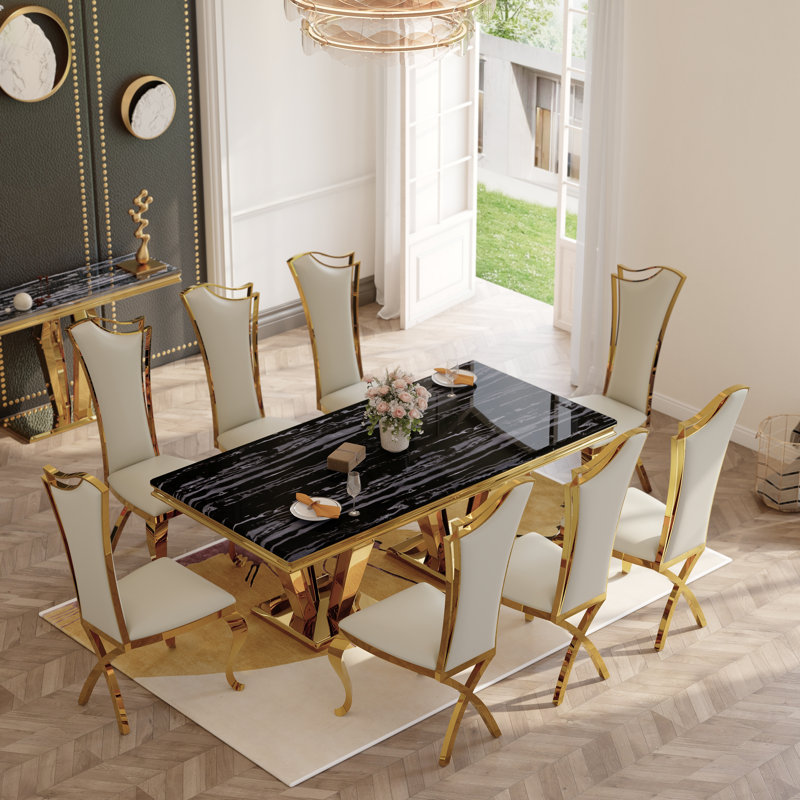 Table de salle à manger 78 pouces en faux marbre avec double piédestal poli, Noir, noir, noir, noir, Doré