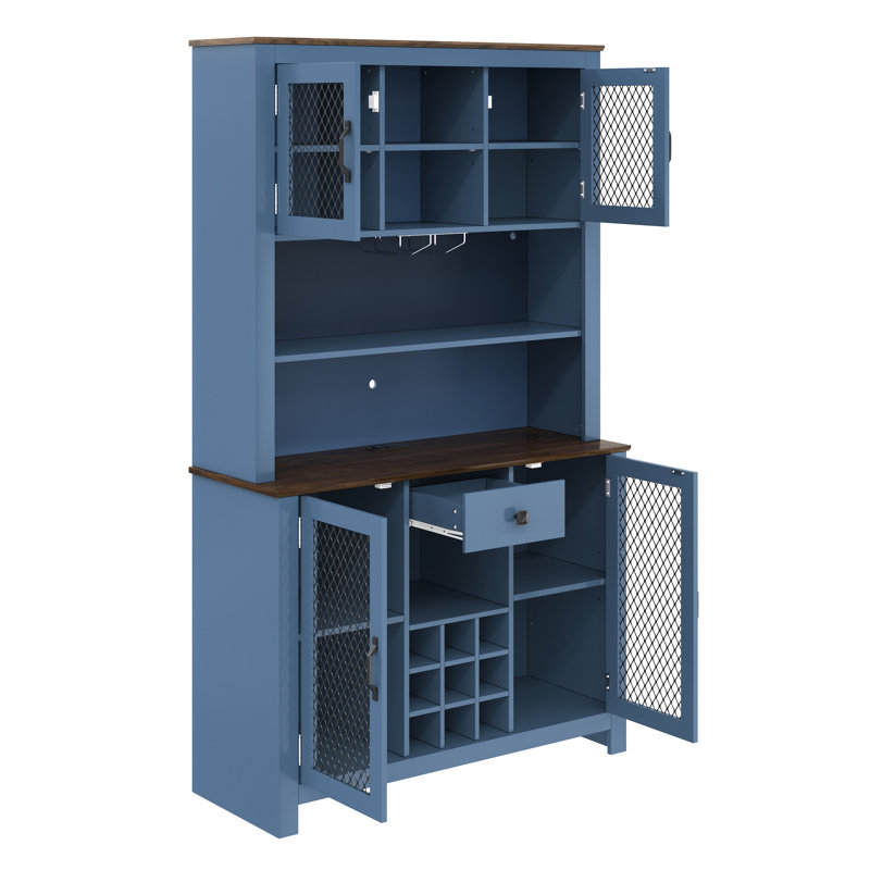70.9" Kitchen Storage With Ports, Wine Rack, And Large Countertop Workspace For Dining Rustic Buffet Led Strip, 6 - Glass Stemware Ample