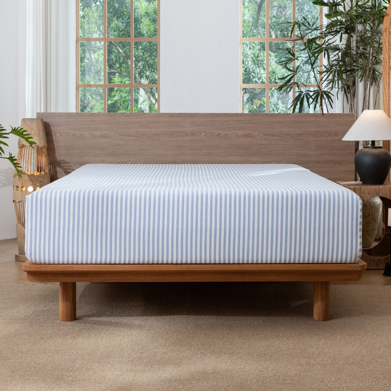 Drap-housse MooMee 100% coton lavé extra profond, Grand lit, Rayures classiques - bleuet et blanc