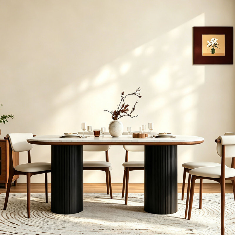 Ensemble de table de salle à manger 78 pouces ovale avec 6 chaises rembourrées, table de salle à manger moderne avec dessus en pierre et mobilier de salle à manger à colonne noire