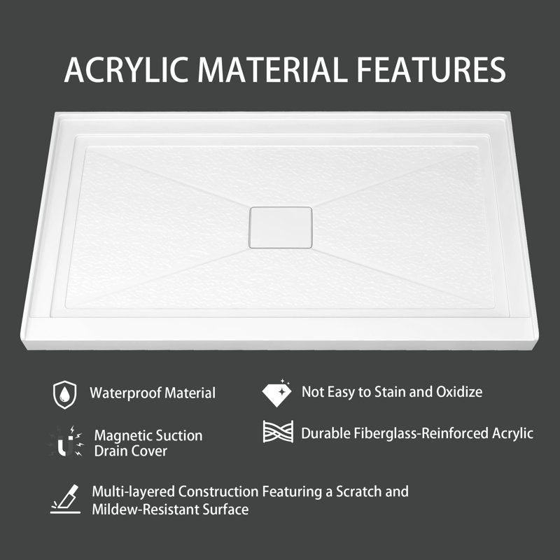 60" W × 32" D Acrylic Shower Base Single Threshold for Alcove Installation with Center Drain, Center