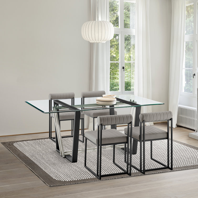 Mirriah 5 Piece Rectangular Glass Dining Table Set with Metal Frame and Upholstered Chairs