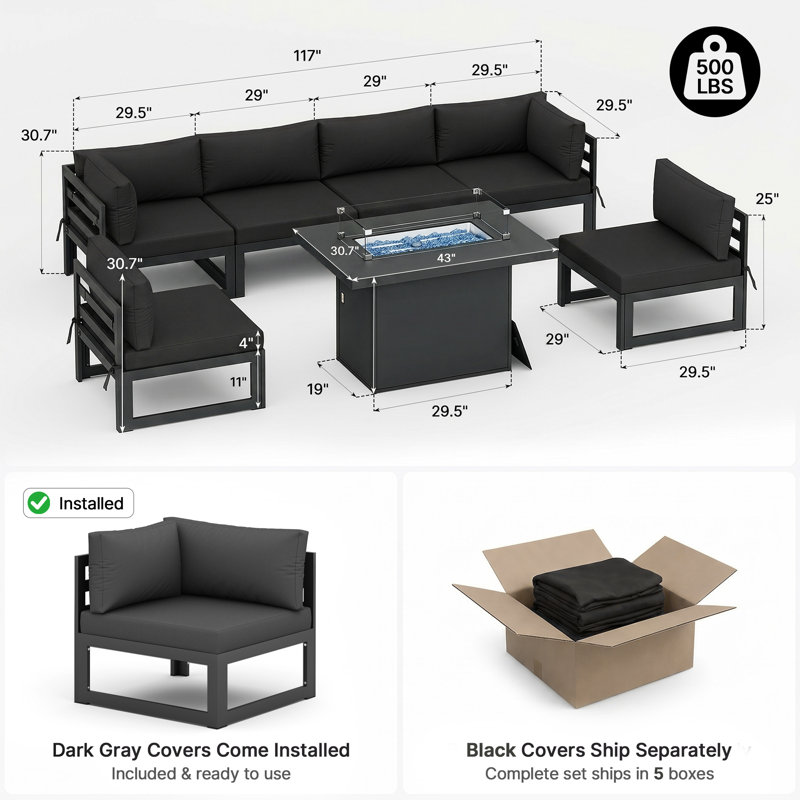 Tuyen 7-Piece 6-Person Outdoor Patio All-Aluminum Sectional Conversation Set with 60,000 BTU Fire Pit Table and 4" High-Resilience Foam Cushions