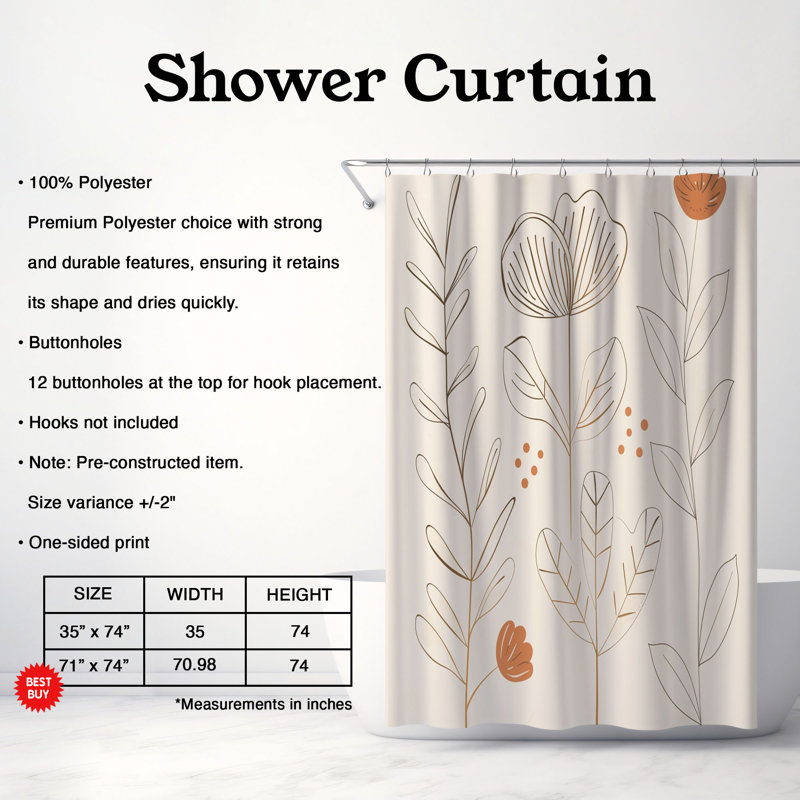 Rideau de douche beige 1 pièce, H 74 po x l 71 po