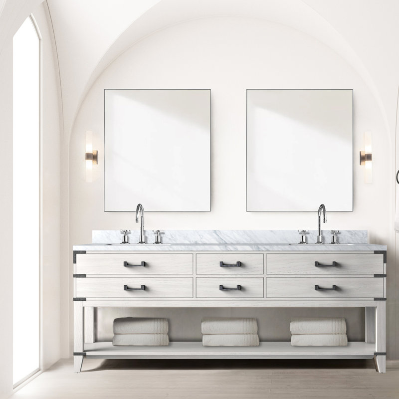 84 po L 22 po D Meuble-lavabo double en chêne blanc avec plateau en marbre, robinet, miroirs 36 po, D 84 po et 22 po, chêne, robinet et miroir