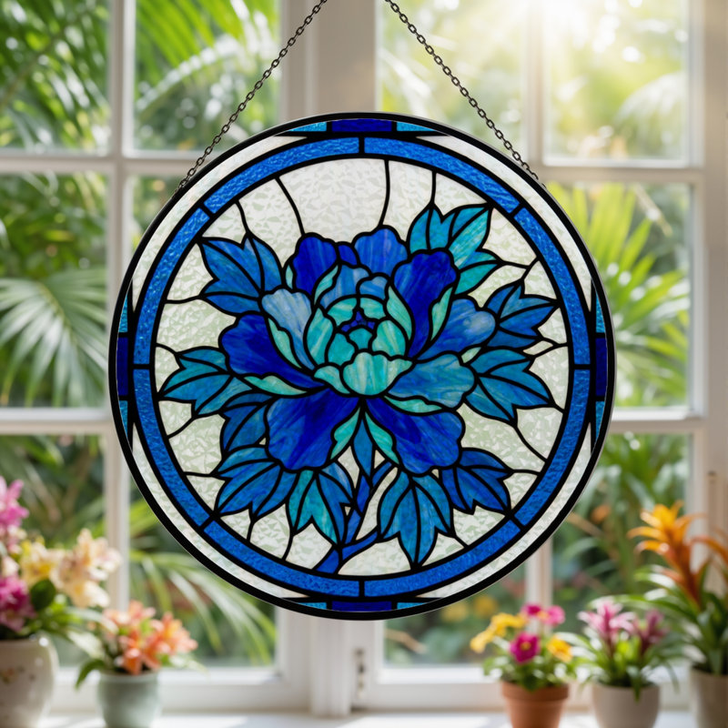 Panneau de vitrail floral bleu 7,8 "H
