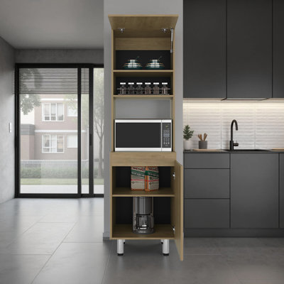 Freestanding Kitchen Pantry And Cabinet With Space For Microwave Or Coffee Station, One Superior Low Storage Cabinet, Open Shelf, Vertical Management, Item Organization, Interior Shelving System,