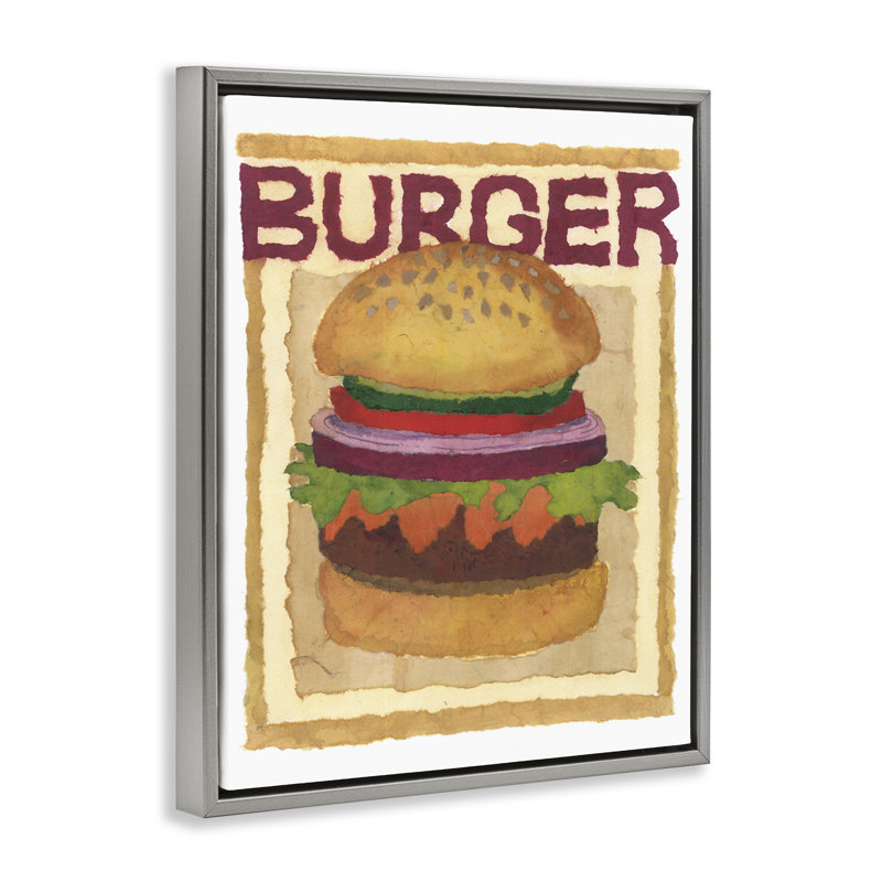"Watercolor Style Burger", art mural sur toile flottante par Nancy Overton, Cadre flottant gris lustré, H 31 po x l 25 po