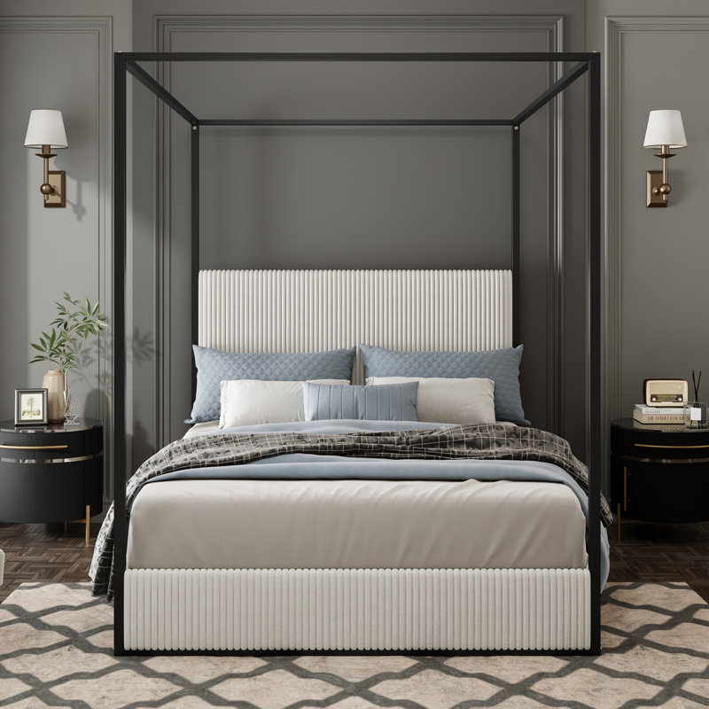 Modern Luxury Metal Canopy Bed With Tall Upholstered Headboard And Four Poster, King, Black/White