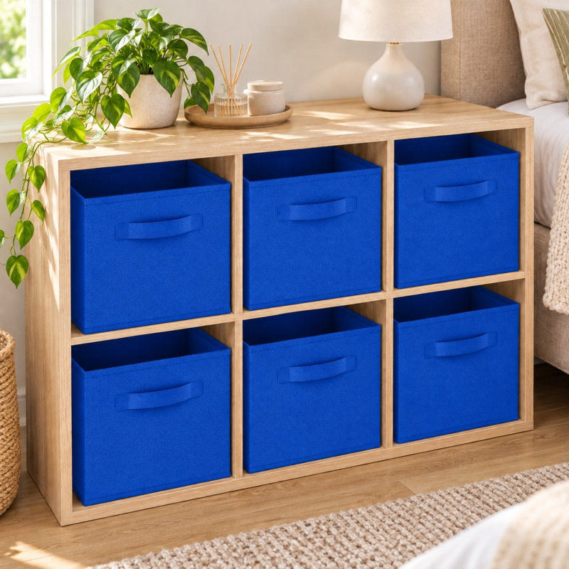 Set of 6 Collapsible Fabric Cube Boxes 27cm Foldable Bins for Toys, Dark Blue
