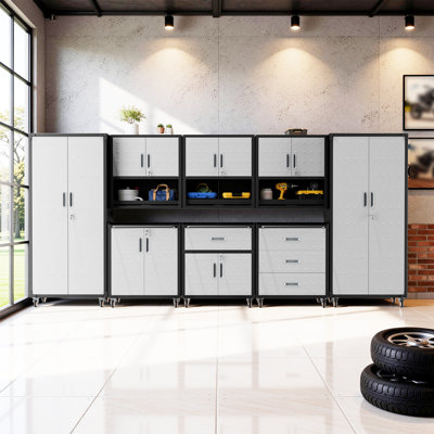 8-Piece Garage Storage Systems Set, Metal Garage Storage Cabinets with Wheels, 3 Wall Mounted Cabinets + Rolling Cabinets + 2 Tall Pegboard Cabinets, Lockable Tool Chest Organizer