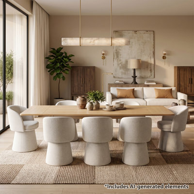 Ensemble de salle à manger extensible avec table en placage de bois véritable et chaises pivotantes à 360° bouclées