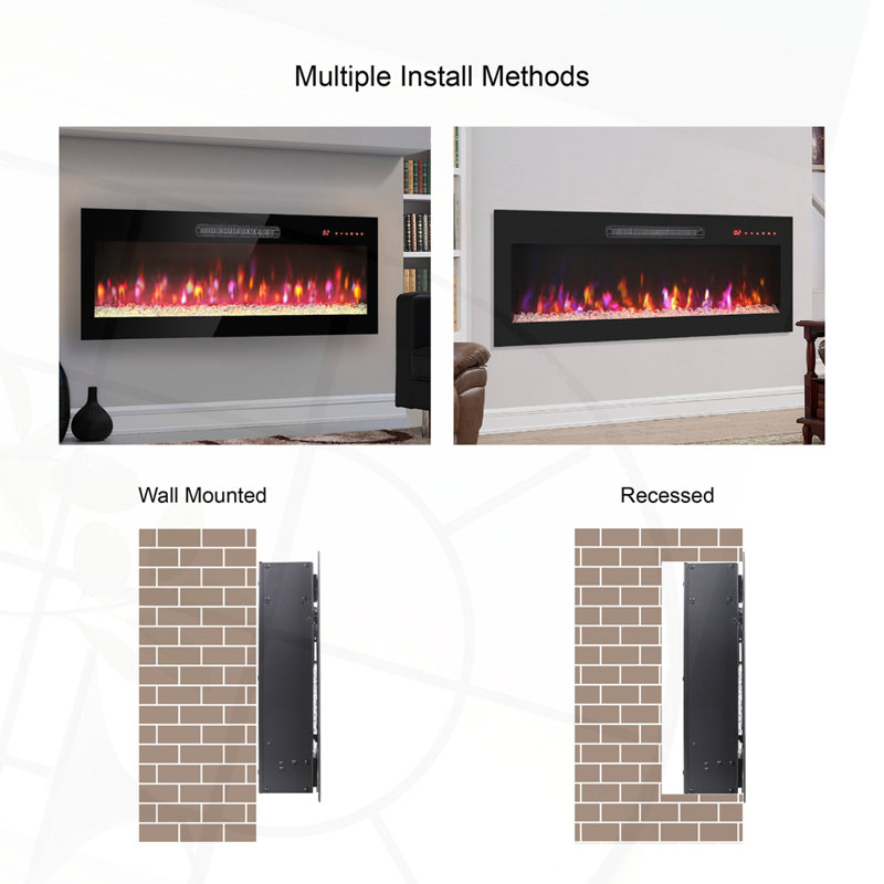 60" Recessed Thin Tempered Glass Front Wall Mounted Electric Fireplace With Remote And LED Light Heater