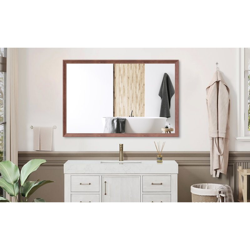 Miroir mural moderne 48 po x 32 po avec structure en noyer et en aluminium, idéal pour la salle de bain, le salon, la chambre à coucher, montage vertical / horizontal, protection contre la preuve, assemblage simple très grand 48 po x 32 po