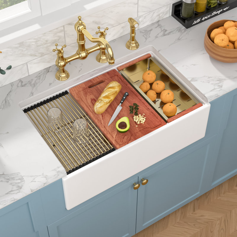 Ceramic 33" L x 20" W Large Single Bowl Farmhouse/Apron Kitchen Sink Workstation with Accessories, Matte Gold