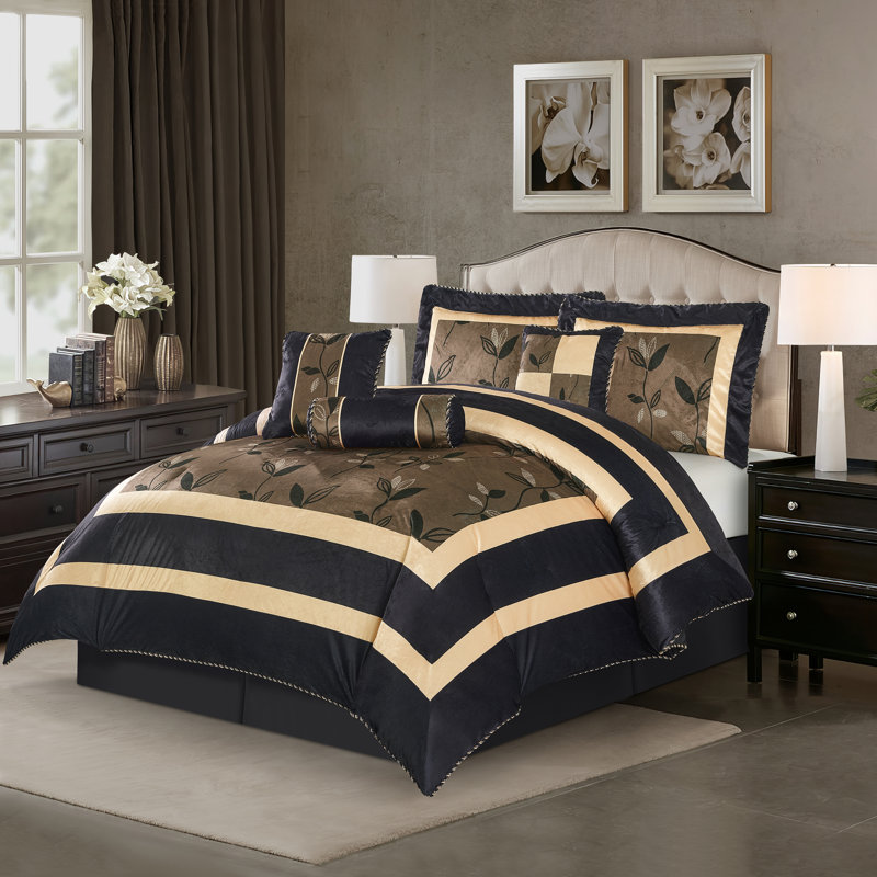 Pastora 7 Piece Short Plush Leaves Print Polyester Comforter Set, Cal. King Comforter + 6 Additional Pieces, Bronze