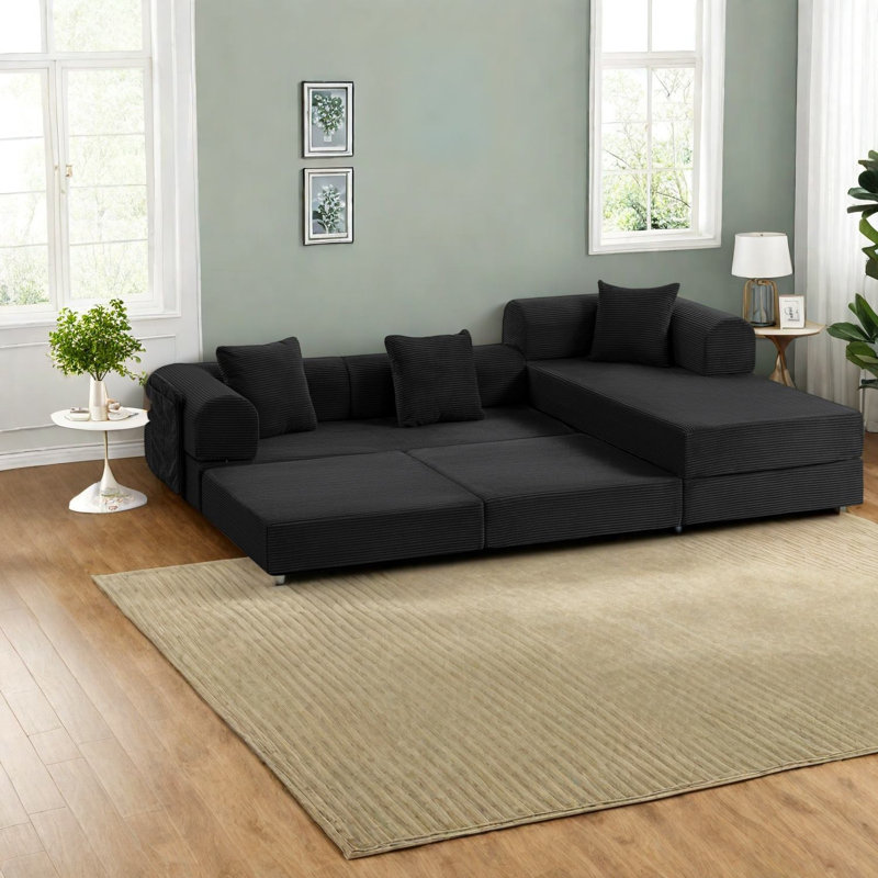 Canapé d'angle à compression, structure en métal et velours côtelé de 272 cm (107 po), style moderne.