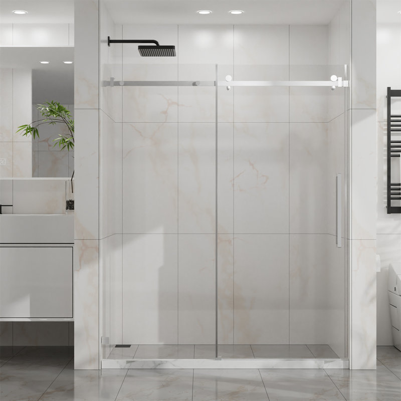Frameless Shower Door, 60" W X 72" H Silent Sleek Sliding Glass Door, 1/4" (6Mm) Thick Tempered Clear Glass With Easy-Clean Coating, Heavy-Duty 304 Stainless Steel, Chrome