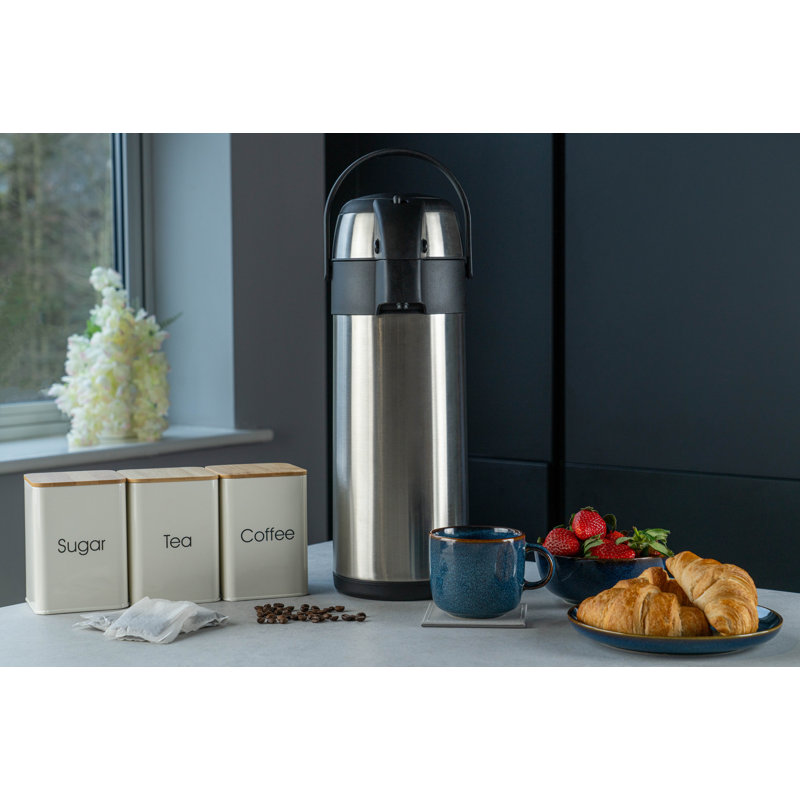 Pioneer Stainless Steel Push Pump Airpot Hot Cold Water Tea Coffee Dispenser Conference Event Flask, Satin Finish, 5L