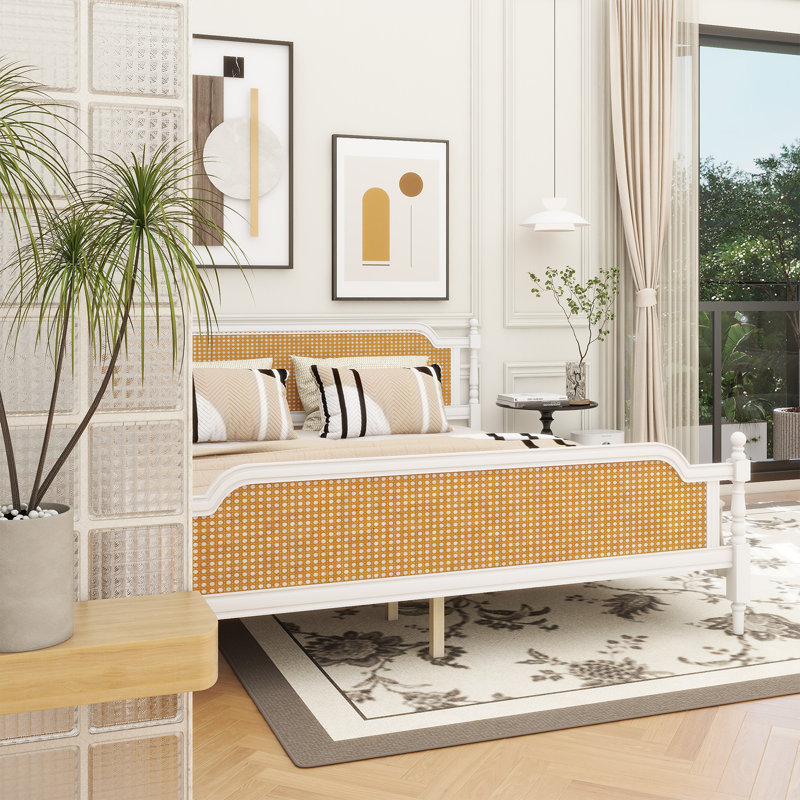 Traditional Style Rattan Bed Frame,No Box Spring Needed, Antique White, King