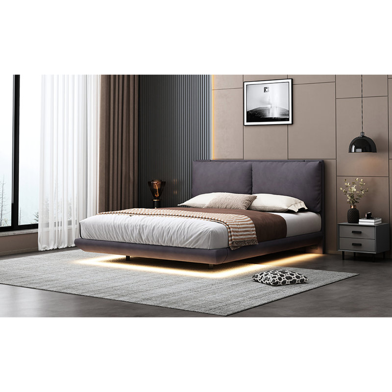 Lit plateforme tapissier gris, capteur, 2 dossiers, grand lit avec dossier gris, caractéristique, Gris, Grand lit