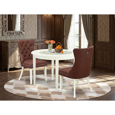 Ensemble de table de salle à manger 3 pièces comprenant une table de cuisine ronde et 2 chaises Parson rembourrées, lin blanc