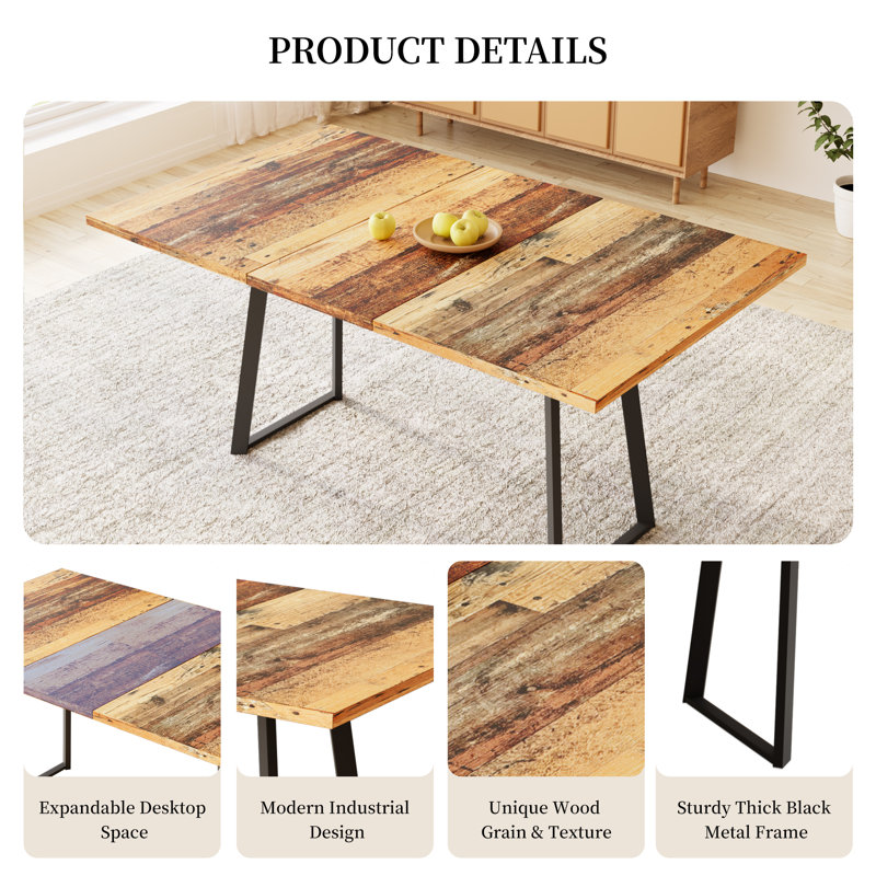 6 - Person Kitchen Dining Set, 47'' to 62'' Extendable Dining Table with 32.8"H Upholstered Dining Chairs, Space-saving Long Dining Table Furniture for 6 Person