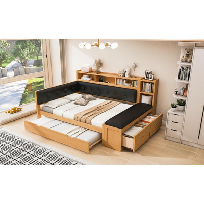 Lit de jour double en bois avec couchette, tablettes de rangement, banc, station de charge et tête de lit tapissier