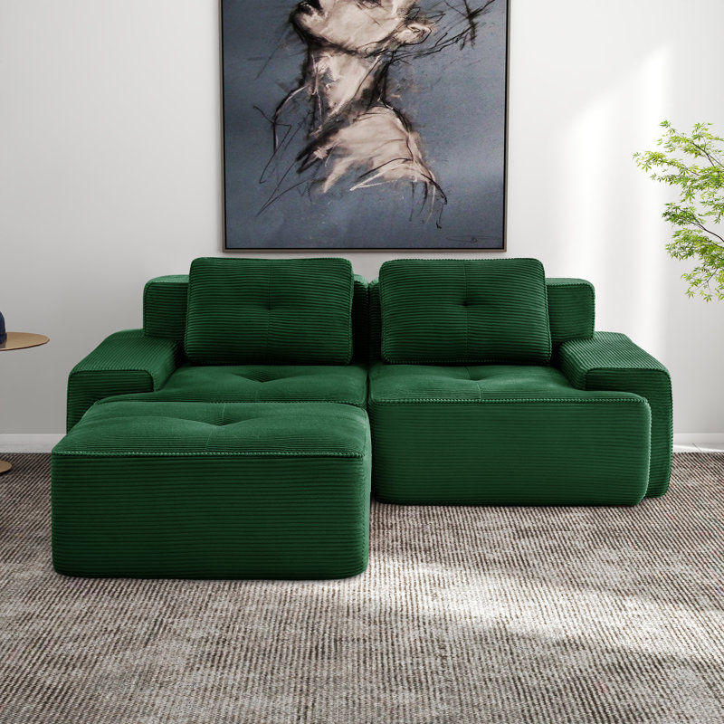 Canapé modulaire en forme de L de Boneless de 82 po pour le salon, tissu en velours côtelé, Vert