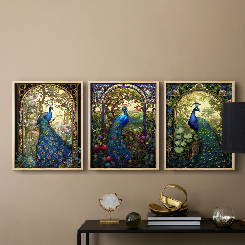 Peacock Series L -Set de 3 estampes numériques giclées -Prêt à accrocher, Encadré naturel, H 10 po x l 8 po