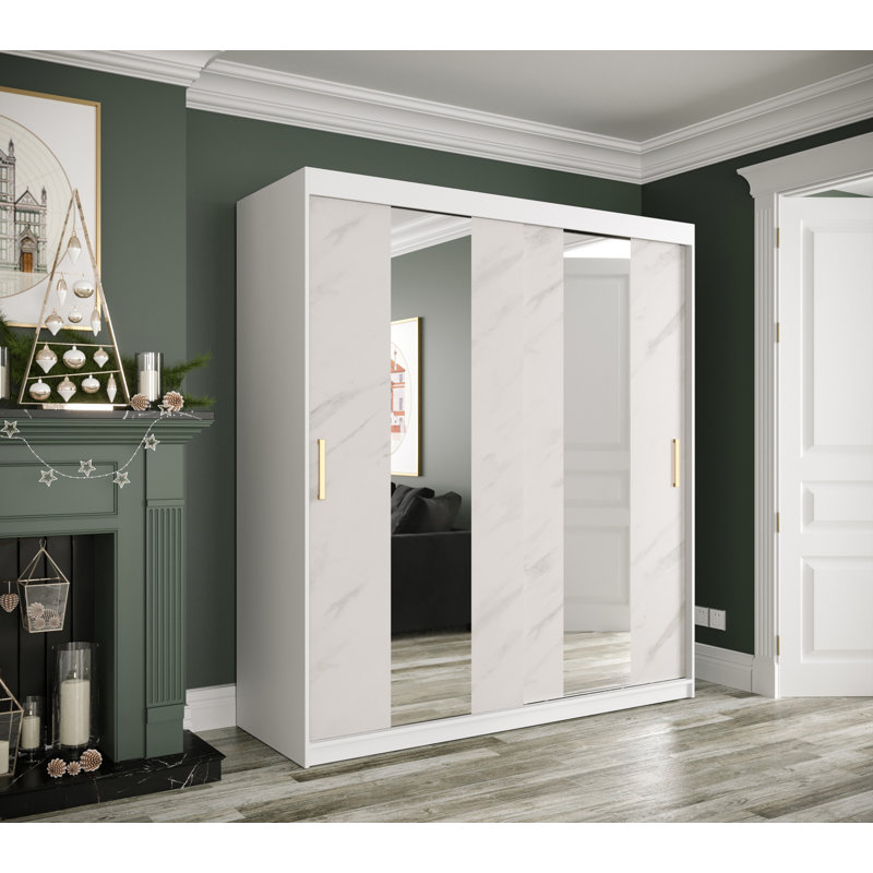 Maike 2 Door Manufactured Wood Wardrobe, White Matt/Marble Finish, 200cm H x 180cm W x 62cm D