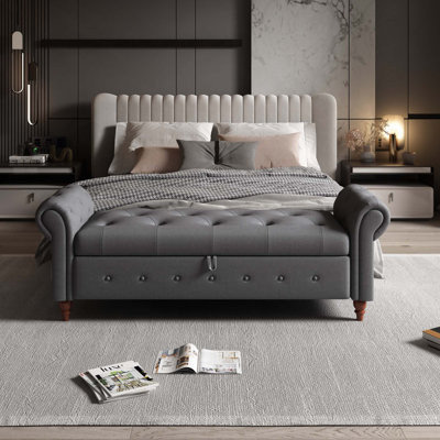 Banc de rangement capitonné moderne avec accoudoirs roulés pour une utilisation multifonctionnelle dans le salon et le couloir de la chambre à coucher
