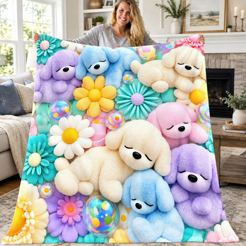 1pc Cozy Plush Throw Blanket, Adorable Cartoon Dog and Floral Print Flannel Blanket, Ultra Soft Warm Lightweight Blanket for Sofa Couch Bed Living Room Dorm Office Travel, Home Decor All-Season Gift