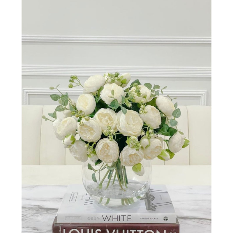White Peony Faux Centerpiece In Glass Vase, White