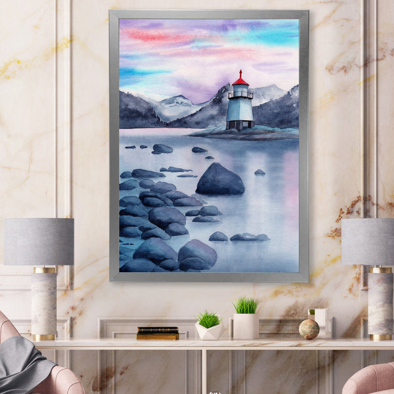Paysage de soirée avec un phare - Peinture sur toile, H 32 po x l 24 po x P 1 po, Cadre photo argenté