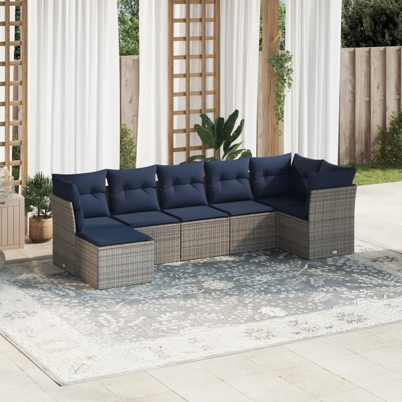 Ensemble de canapé de patio 7 pièces avec coussins pour l'extérieur, Marine, Gris