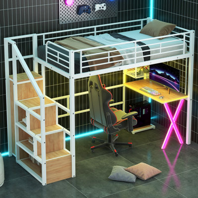 Metal Loft Bed With Built-In Desk And Storage