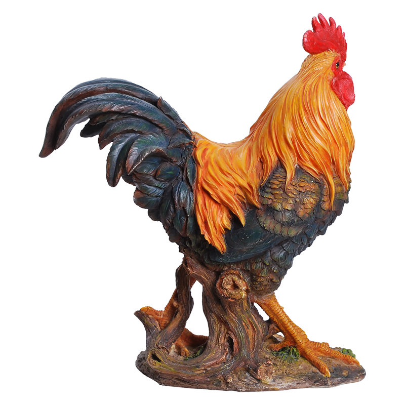 Majestic Black and Orange Resin Rooster Figurine, 16" Tall