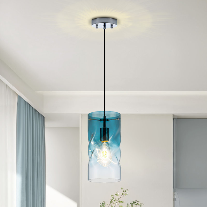 1-Light Pendant Light with Cylindrical Glass Lampshade for Kitchen Island, Blue