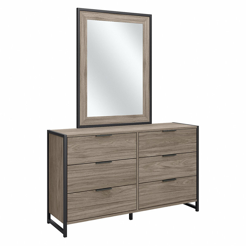 Spero 6 Drawer 57" W Double Dresser with Mirror, Modern Hickory