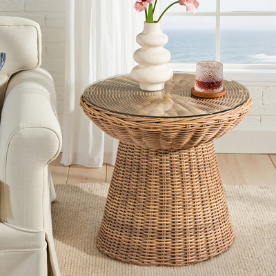 Anesty Adella 20.75"Tall Coastal Faux Rattan Frame with Glass Top End Table by Bay Isle Home