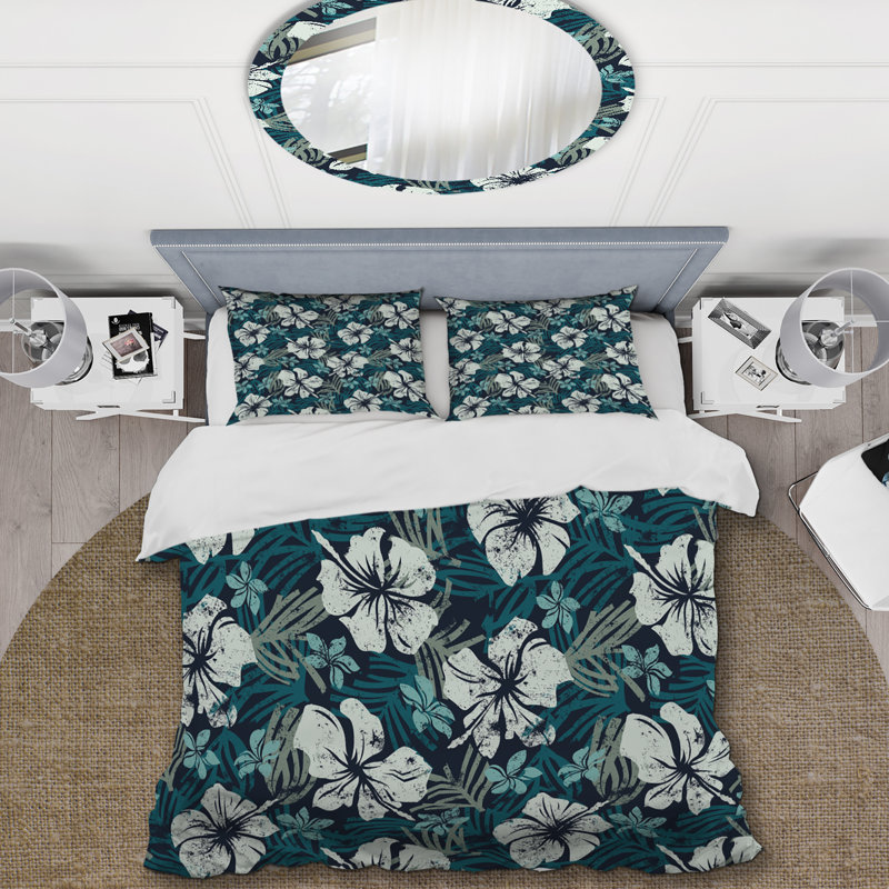 Fleurs bleues grunge - Ensemble de housse de couette floral - Polyester microfibre